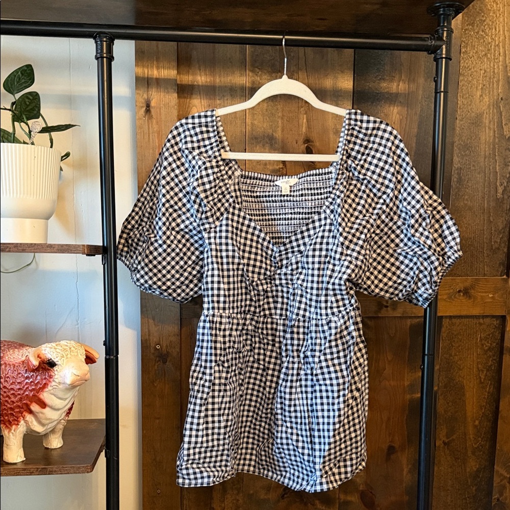 Terra & Sky Black and White Gingham Puff Sleeve Square Neck Top